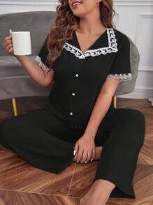 Plus Contrast Lace Button Front PJ Set / Pajama Set - Black - View 1
