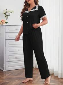 Plus Contrast Lace Button Front PJ Set / Pajama Set - Black - View 3