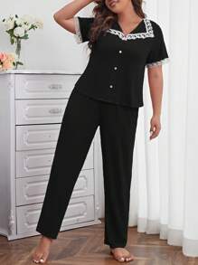 Plus Contrast Lace Button Front PJ Set / Pajama Set - Black - View 4
