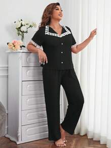 Plus Contrast Lace Button Front PJ Set / Pajama Set - Black - View 5
