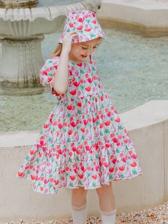 女小童印花泡泡袖荷葉邊派對禮服附帽子