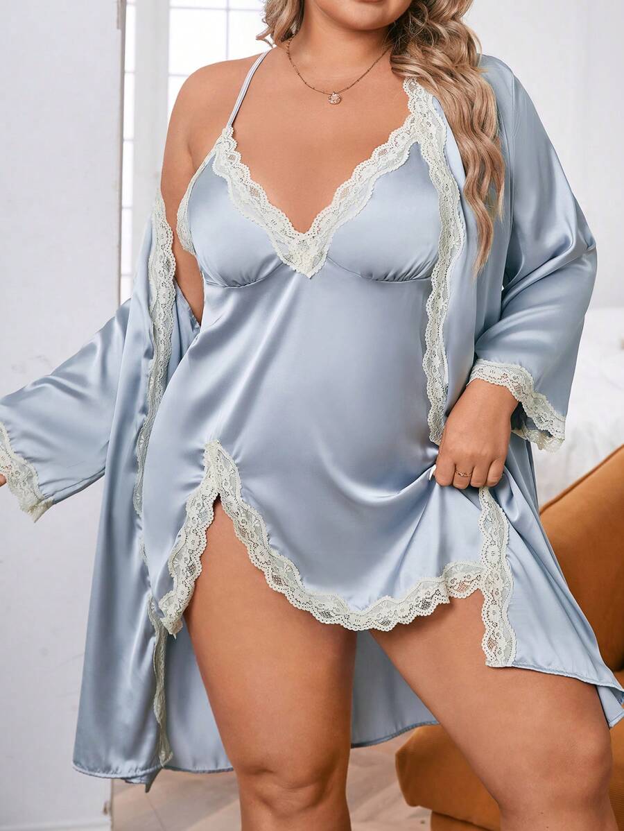 Plus Contrast Lace Belted Satin Robe Set - Light Grey - View 1