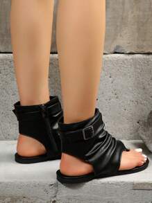 Fall/Winter Women's Fashion Peep Toe Side Zipper Wrinkled Flat Bottom Cool Boots,Boots For Women - Black - View 7