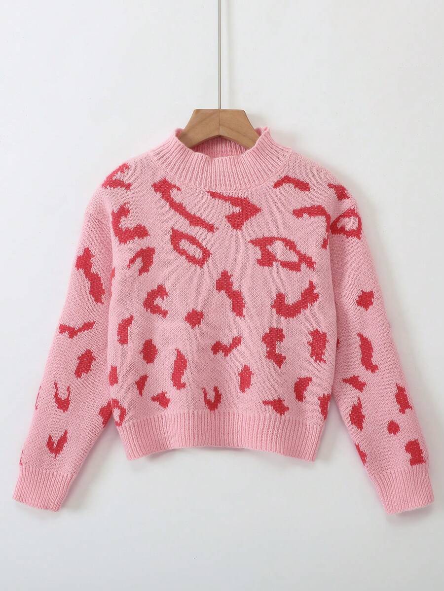 SHEIN 女大童圖形圖案小高領套頭毛衣 - 粉色 - 查看 1