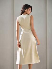 SHEIN BIZwear Solid V Neck A-line Dress Workwear - Apricot - View 2