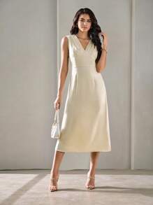 SHEIN BIZwear Solid V Neck A-line Dress Workwear - Apricot - View 4