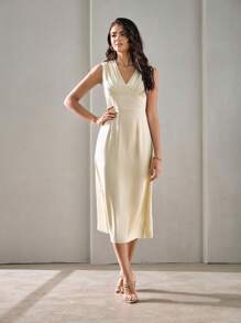 SHEIN BIZwear Solid V Neck A-line Dress Workwear - Apricot - View 5