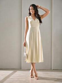 SHEIN BIZwear Solid V Neck A-line Dress Workwear - Apricot - View 6