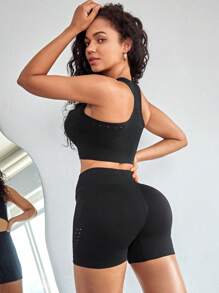 素色無縫工字運動型文胸帶騎行褲