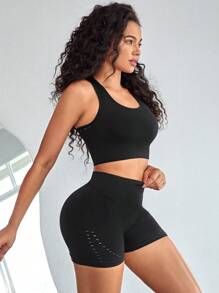 素色無縫工字運動型文胸帶騎行褲