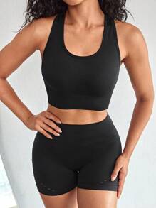 素色無縫工字運動型文胸帶騎行褲