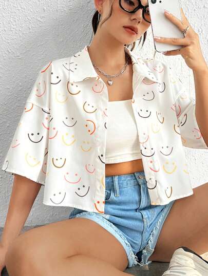 SHEIN EZwear Summer Outfit Allover Print Drop Shoulder Shirt