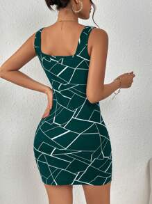 SHEIN Privé In Địa lý Cổ vuông Váy Bodycon - Màu xanh ngọc - Xem 2