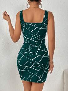 SHEIN Privé In Địa lý Cổ vuông Váy Bodycon - Màu xanh ngọc - Xem 5
