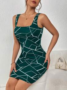 SHEIN Privé In Địa lý Cổ vuông Váy Bodycon - Màu xanh ngọc - Xem 6