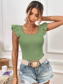 SHEIN Privé Lace Trim Square Neck Butterfly Sleeve Tee - Lime Green - View 5