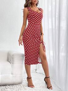 Firerie Polka Dot Print Drawstring Split Thigh Dress,Polka Dot Dress - Red and White - View 4
