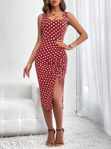 Firerie Polka Dot Print Drawstring Split Thigh Dress,Polka Dot Dress - Red and White - View 6