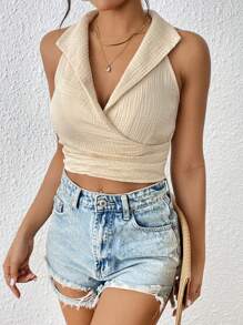 SHEIN Frenchy Top Court Ras-Du-Cou Unicolore Portefeuille - Nude - Voir 6