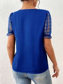 SHEIN Privé Contrast Mesh Puff Sleeve Keyhole Neckline Blouse - Royal Blue - View 2