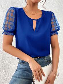 SHEIN Privé Contrast Mesh Puff Sleeve Keyhole Neckline Blouse - Royal Blue - View 4