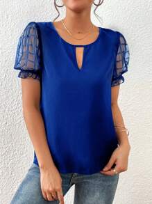 SHEIN Privé Contrast Mesh Puff Sleeve Keyhole Neckline Blouse - Royal Blue - View 6