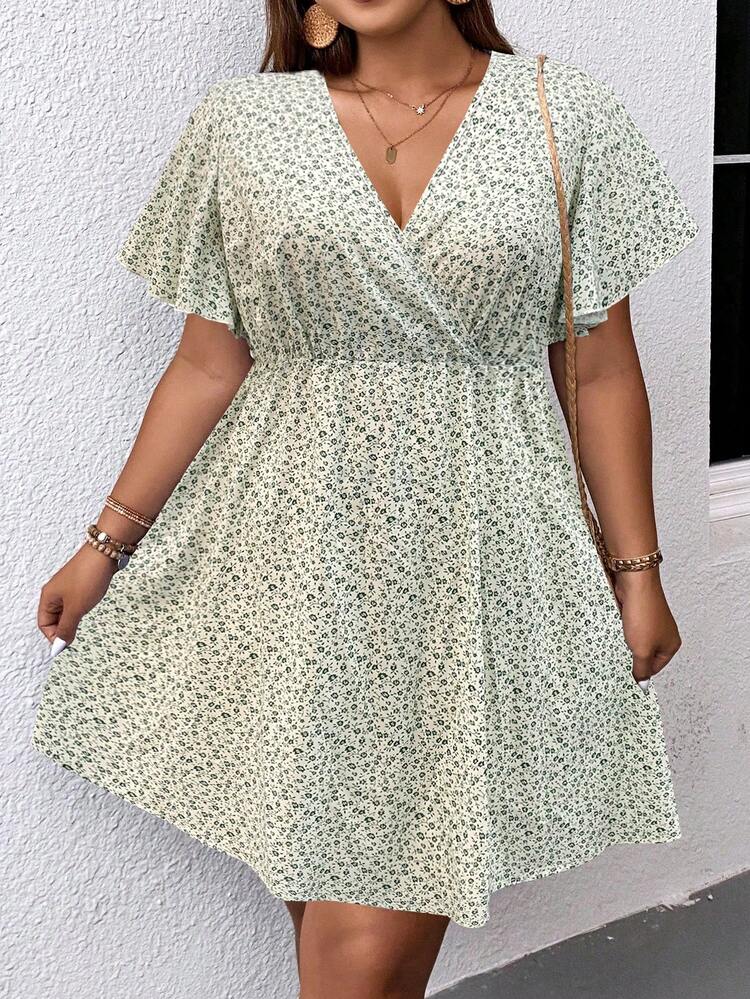 SHEIN LUNE Plus Ditsy Floral Print Butterfly Sleeve Dress - Apricot - View 5
