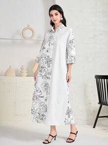 Mulvari In hoa Thả vai Váy sơ mi - Đen và trắng - Xem 3