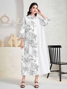 Mulvari In hoa Thả vai Váy sơ mi - Đen và trắng - Xem 4