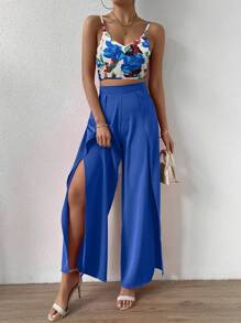 SHEIN VCAY Floral Print Cami Top & Wrap Hem Trousers - Blue - View 1