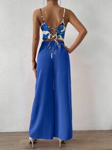 SHEIN VCAY Floral Print Cami Top & Wrap Hem Trousers - Blue - View 2