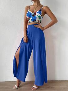 SHEIN VCAY Floral Print Cami Top & Wrap Hem Trousers - Blue - View 6