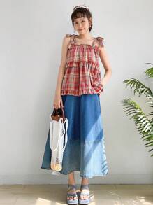 DAZY 格紋印花荷葉邊肩上打結吊帶上衣 - 紅色 - 查看 5