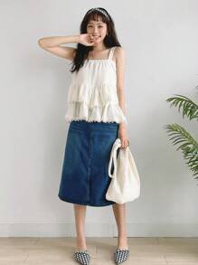 DAZY Contrast Lace Ruffle Hem Cami Top - White - View 10