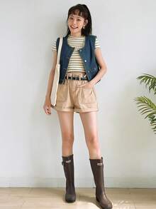 DAZY 翻蓋口袋前紐扣牛仔夾克背心 - 深色水洗藍 - 查看 10