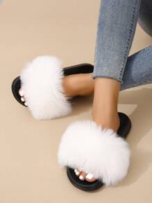 Women Minimalist Fuzzy Slides, Fashion Summer Slides - White - View 1