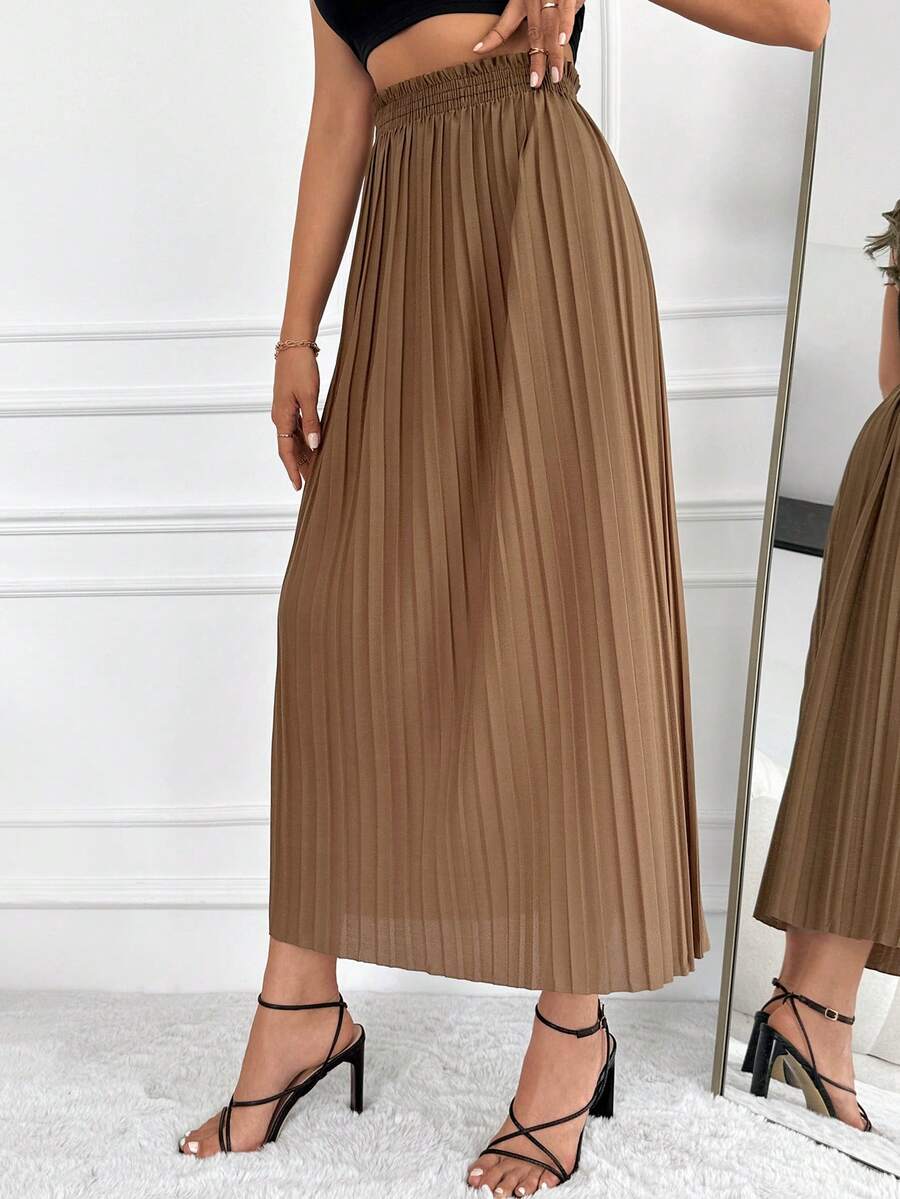 素色褶皺紙袋腰半身裙 - 棕色 - 查看 1