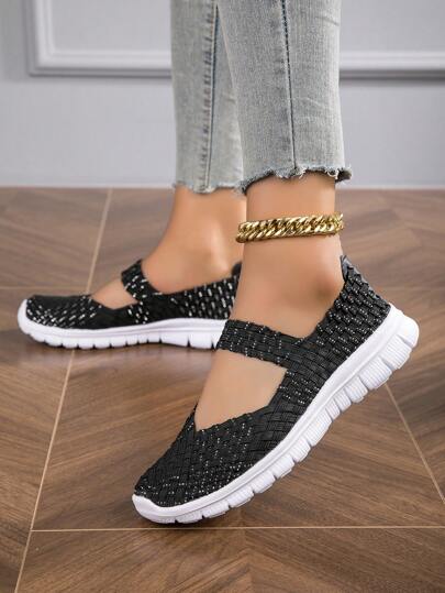 女士編織細節一脚蹬,運動戶外運動鞋