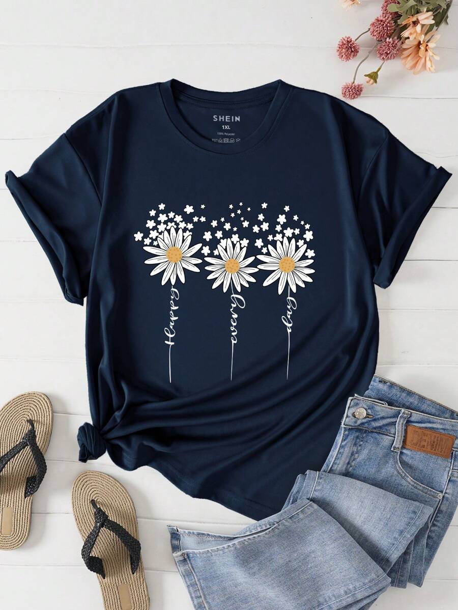 INAWLY 大碼花卉和標語圖案T恤 - 藏蓝色 - 查看 1