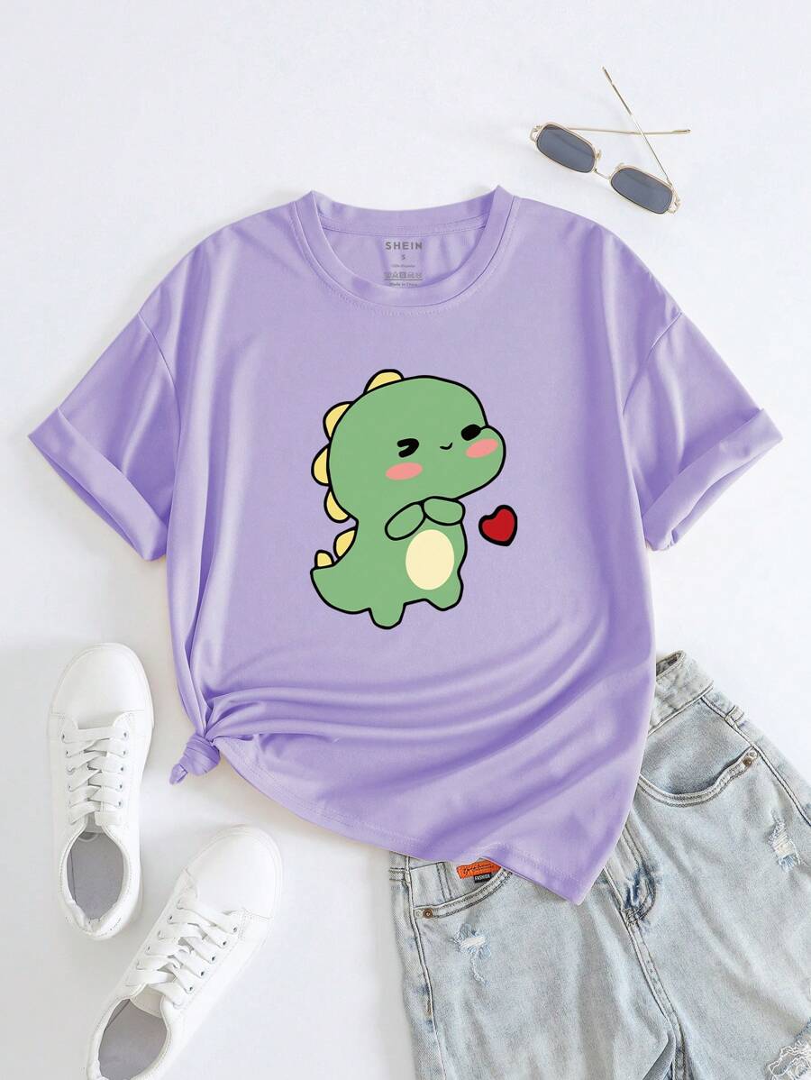 INAWLY Camiseta con estampado de dinosaurio de dibujos animados - Púrpura malva - Ver 1