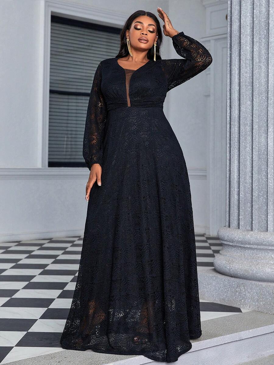 Plus Lantern Sleeve Lace Bridesmaid Dress - Black - View 1