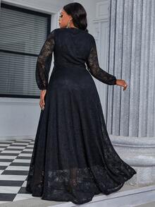 Plus Lantern Sleeve Lace Bridesmaid Dress - Black - View 2