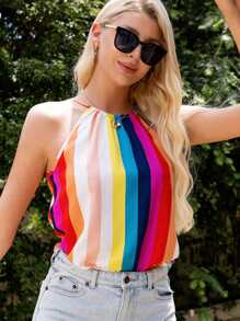 AAmilife Rainbow Striped Print Halter Top - Multicolor - View 1