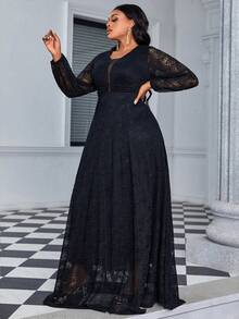 Plus Lantern Sleeve Lace Bridesmaid Dress - Black - View 4