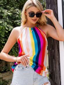 AAmilife Rainbow Striped Print Halter Top - Multicolor - View 3