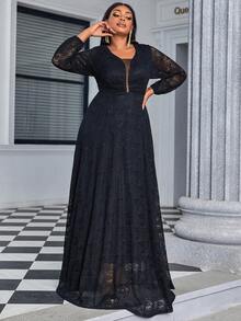 Plus Lantern Sleeve Lace Bridesmaid Dress - Black - View 6