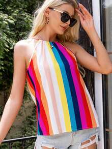 AAmilife Rainbow Striped Print Halter Top - Multicolor - View 5