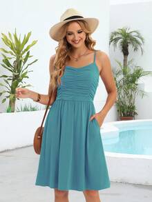 Solid Ruched Cami Dress - Cadet Blue - View 3