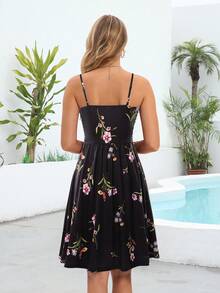 Floral Print Ruched Front Cami Dress - Black - View 2