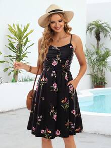 Floral Print Ruched Front Cami Dress - Black - View 3
